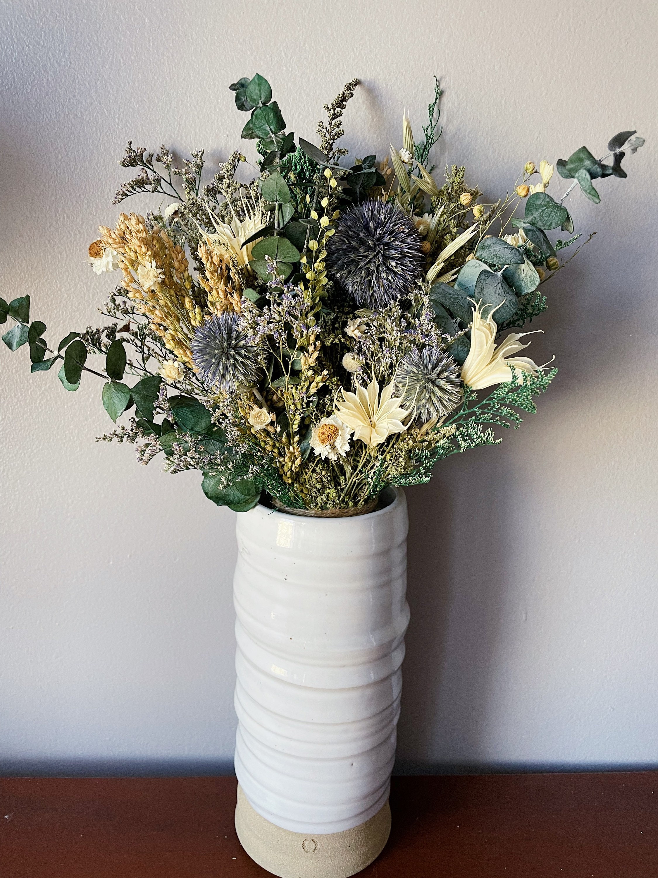 Blush and Blue Dried Flower Bouquet / Wedding Bridal Bouquet / Thistle and  Eucalyptus / Home Decor 