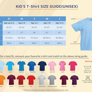 May include: A size chart for unisex kids' t-shirts, showing chest and length measurements in inches and centimeters for sizes 2T, XS, S, M, L. The chart also includes a visual representation of a light blue t-shirt with the chest and length measurements marked.
