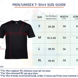 May include: Black t-shirt with a size guide for men's and unisex t-shirts. The guide includes chest sizes in inches and shirt width and length in centimeters. Sizes range from S to XL. The text also includes fitting notes.