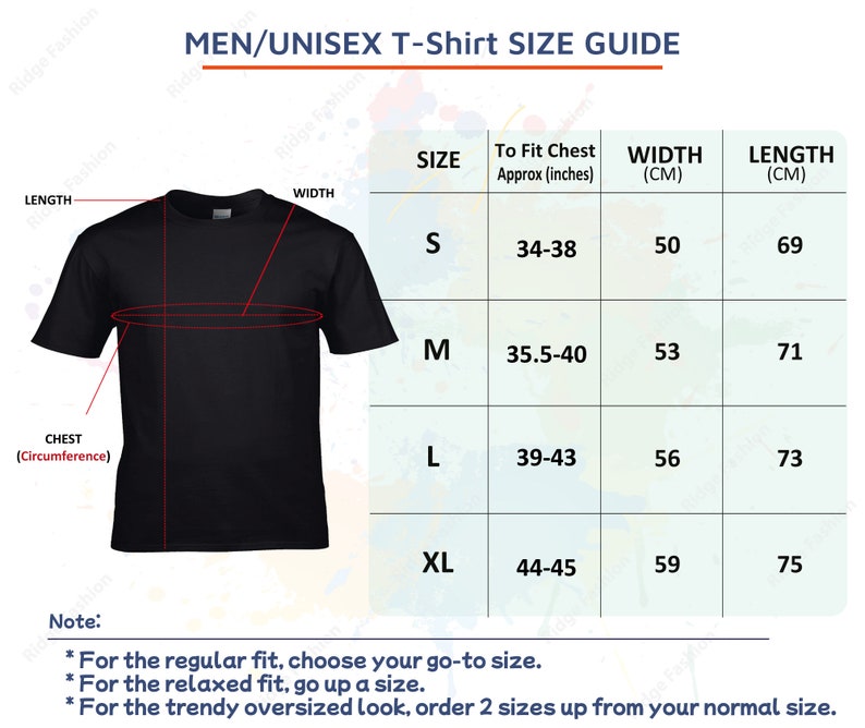 May include: Black t-shirt with a size guide for men's and unisex t-shirts. The guide includes chest sizes in inches and shirt width and length in centimeters. Sizes range from S to XL. The text also includes fitting notes.