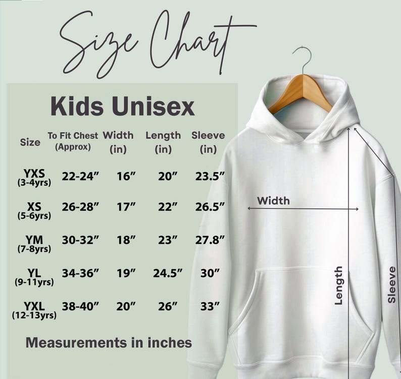 May include: A white Kids Unisex hoodie displayed on a wooden hanger. The image includes a size chart with measurements in inches for chest, width, length, and sleeve. The chart is labeled "Size Chart" and includes sizes from YXS to YXL.