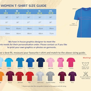 May include: Women's t-shirt size guide with measurements in inches and centimeters. The chart shows sizes from UK 8 to UK 16. The guide includes a diagram of a t-shirt with measurements for chest and length. The chart also includes a variety of t-shirt colors and washing instructions.