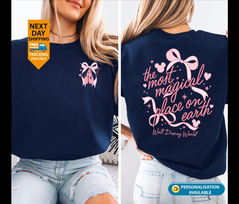 May include: Navy blue t-shirt with a pink castle and bow design on the front. The back of the shirt features the text "the most magical place on earth" with a bow and stars. Walt Disney World is printed below.