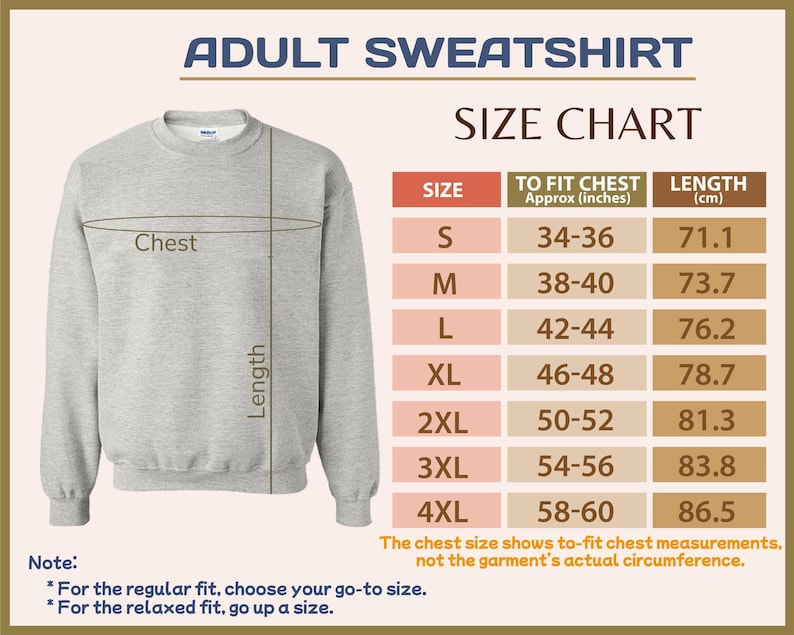 May include: A light gray adult sweatshirt with a size chart. The chart shows chest sizes in inches and lengths in centimeters, ranging from S (34-36 inches) to 4XL (58-60 inches).