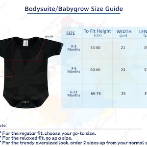 May include: Size chart for baby bodysuits and baby grows. The chart shows the size in months, the corresponding height in inches, and the width and length in inches. Note: For the regular fit, choose your go-to size. For the relaxed fit, go up a size. For the trendy oversized look, order 2 sizes up from your normal size.