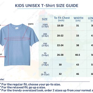 May include: Light blue unisex t-shirt with a size guide. The guide provides measurements in inches and centimeters for chest, width, and length. Sizes range from Y3XS (1-2yr) to YL (9-11yr).
