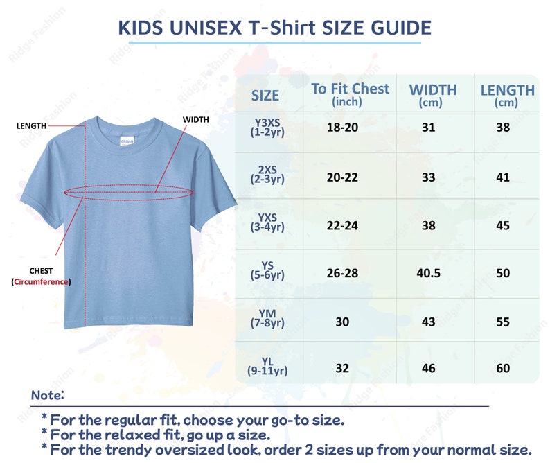May include: Light blue unisex t-shirt with a size guide. The guide provides measurements in inches and centimeters for chest, width, and length. Sizes range from Y3XS (1-2yr) to YL (9-11yr).
