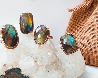 Large Labradorite Mineral Statement Rings | Handmade Jewelry | Natural Stones | Crystal Jewelry | 925 Silver | Size Options