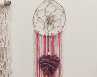 Handmade Natural Bohemian Pink & Rainbow Macrame Dreamcatcher with Raw Clear Quartz Crystal