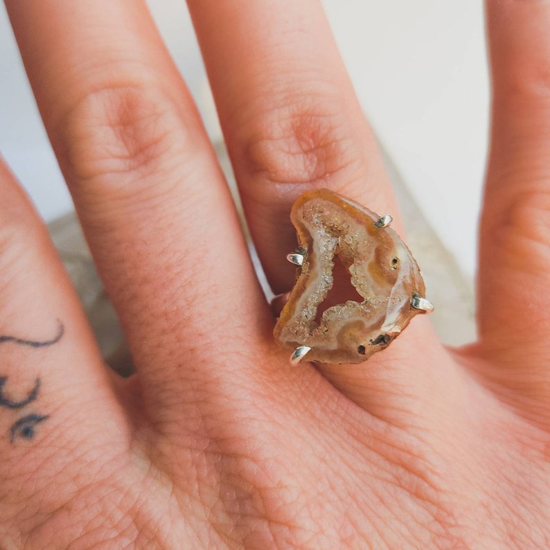 gold band available Agate Geode Raw Natural Mineral 925 Sterling Silver Ring