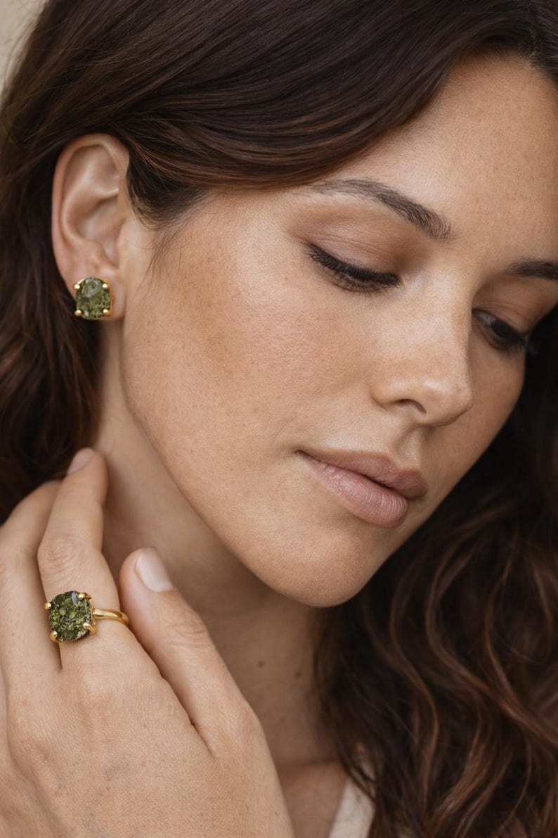 Czech Moldavite Stone Prong Stud Earrings image 2