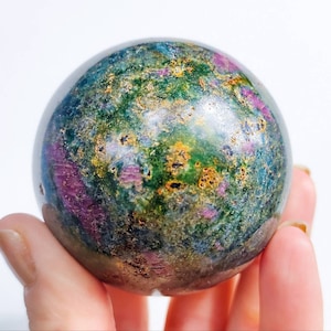 Ruby, Fuchsite & Kyanite Mineral Spheres, Beautiful Fuchsite Mineral Orb | Kyanite and Ruby Gemstone Crystals Mineral Specimens