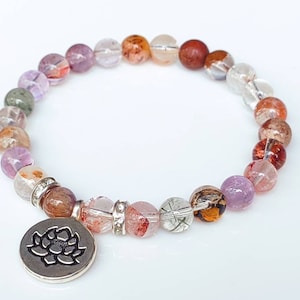 High Quality Super Seven Crystal Silver Lotus Charm Bracelet | Super Seven Melody Stone Bracelet | Super Seven Crystal Jewelry | Super 7