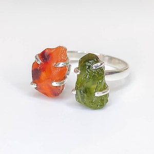 Raw Moldavite Carnelian Ring: Adjustable Sterling Silver Double Stone