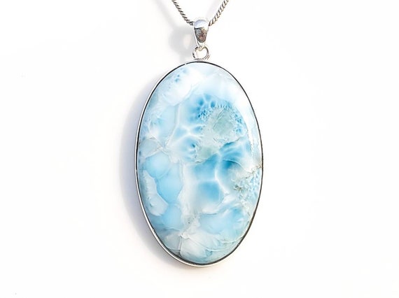Handmade Oval Larimar Pendant Necklace: Sterling Silver Caribbean Gemstone