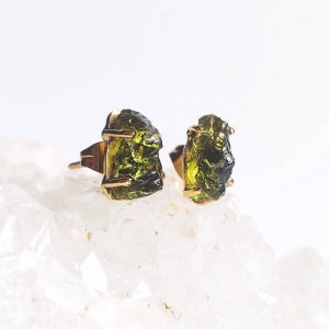 Certified Czech Republic Raw Moldavite Prong Stud Earrings | 925 Sterling Silver, 18k Yellow/Rose Gold Plated Moldavite Earrings