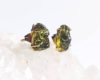 Certified Czech Republic Raw Moldavite Prong Stud Earrings | 925 Sterling Silver, 18k Yellow/Rose Gold Plated Moldavite Earrings