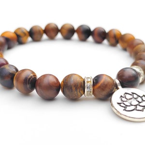 Tiger Iron Crystal Beaded Silver Lotus Charm Bracelet | Tiger Iron Bracelet | Charm Bracelets | Tigers Eye Crystal Bracelets