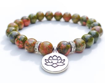 Unakite Crystal Beaded Silver Lotus Charm Bracelet | Unakite Bracelet | Charm Bracelets | Crystal Bracelets