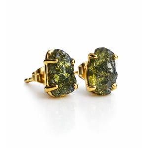 Czech Moldavite Stone Prong Stud Earrings image 1