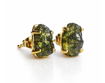 Czech Moldavite Stone Prong Stud Earrings