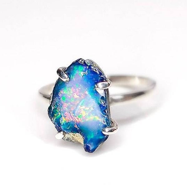 Rare Raw Black Fire Opal Uncut Rough Stone Crystal Ring, 925 Sterling Silver, 18k Rose Gold / Yellow Gold Plated | Black Opal Ring |