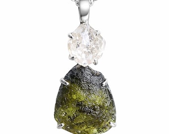 Moldavit och Herkimer sterlingsilverhalsband