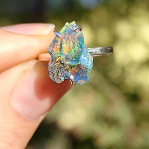 Rare Raw Black Fire Opal Uncut Rough Stone Crystal Rings, 925 Sterling Silver, 18k Rose Gold / Yellow Gold Plated | Black Opal Ring |