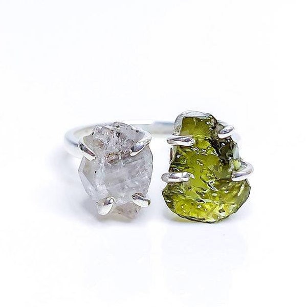 Certified Moldavite & Herkimer Diamond Adjustable Prong Ring | 925 Sterling Silver, 18k Yellow/Rose Gold Plated