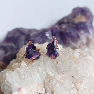 Large RAW Uncut Natural Amethyst Crystal Rough Stone Stud Earrings, 925 Sterling Silver, 18k Yellow/Rose Gold Plated