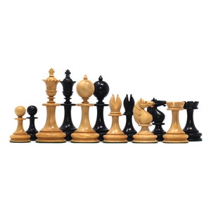 The William Hallett 1860 London Reproduced Chess Set in Natural Boxwood/Ebony - 3.5&quot; King