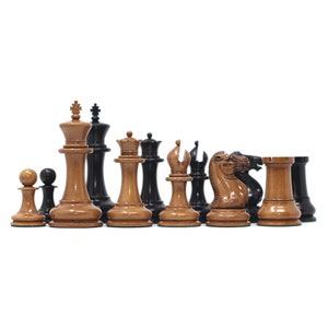 Original Reproduction Nathaniel 1849 Vintage 4.4&quot; Chess Pieces in Distressed Boxwood & Ebony
