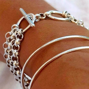 Multi strand silver link rolo chain bracelet, rock style toggle clasp statement  bracelet, chunky stainless steel chain stackable bracelet