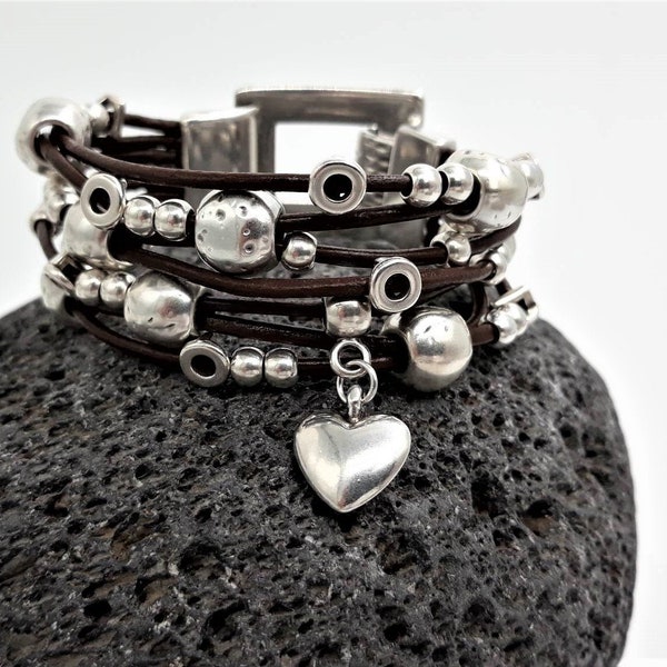 Multi strengen kralen armband, zilveren hart armband voor vrouwen, uno de 50 stijl lederen armband, kralen charme manchet, Valentijnsdag cadeau