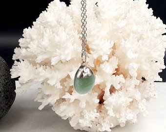 Natural Jade gemstone everyday minimal drop pendant necklace, simple glossy light green semiprecious stone stainless steel chain necklace