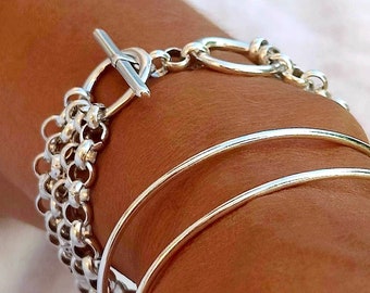 Multi strand silver link rolo chain bracelet, rock style toggle clasp statement  bracelet, chunky chain stackable bracelet, mothersday gift