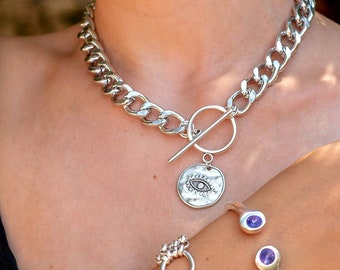 Evil Eye T Clasp Necklace, Aluminum Chunky Chain, Engraved Coin Choker