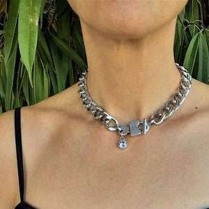 Swarovski Key-Lock Crystal Choker• Silver Color Oversized Lightweight Aluminum Chain Padlock Necklace• Uno de 50 Style• Christmas Gift