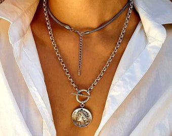 Round silver coin necklace• Ancient greek pendant• Womens toggle clasp stainless steel chain necklace• Rock style engraved oversized pendant