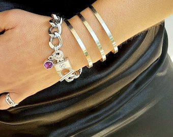 Swarovski key-lock bracelet, silver oversized lightweight aluminum chain padlock cuff, bold chain uno de 50 style bracelet, mothersday gift