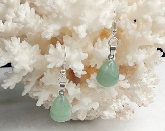 Jade gemstone everyday cute drop earrings, simple glossy light green semiprecious stone natural jade dangle drop earrings, gift for her