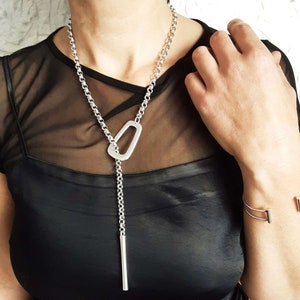 Long bar silver large pendant, womens statement silver bold Y necklace, unique chunky chain adjustable lariat necklace, Christmas gift image 3