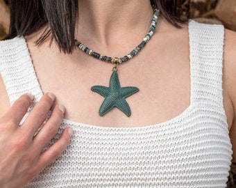 Starfish semiprecious stones summer necklace, agate beads large marine  pendant , boho style huge seastar necklace, girlfriends gift