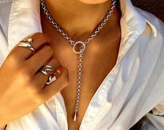 Lariat toggle clasp silver drop pendant, stainless steel chain o ring modern Y necklace, statement minimal pendant, stackable kinky necklace