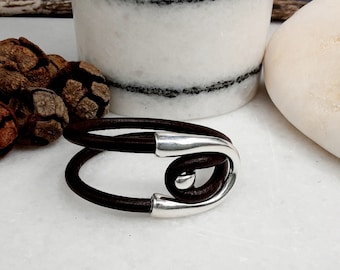 Mens double round leather metal bracelet, unisex antique silver hook cuff, unique gifts for men, mens cuff, husbands gift, boyfriends gift