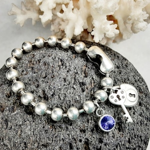 Swarovski stone antique silver chunky ball chain key and lock bracelet, uno de 50 style crystal charm bracelet, silver cuff, christmas gift