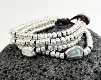 Multi Strand Beaded Cuff Bracelet, Silver Button Clasp, Leather
