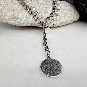 Antique silver chain and pearls round id charm necklace, glamour rock bold link chain phaistos disc large coin pendant, mothersday gift image 2