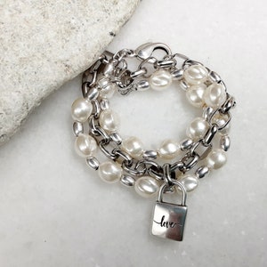 Antique silver chain and pearls charm wrap bracelet, love padlock cute bracelet, glamour lock charm bold link chain pearl bracelet, gift image 2