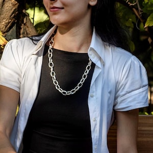 Chunky chain silver simplicity necklace, oval link bold chain t clasp pendant, large link chain adjustable necklace,  valentines day gift